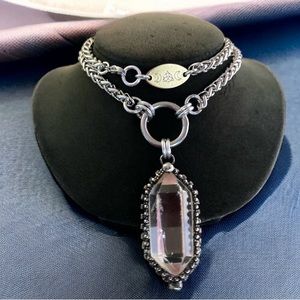 Natural Crystal quartz black electroplated boho goth stainless steel necklace
